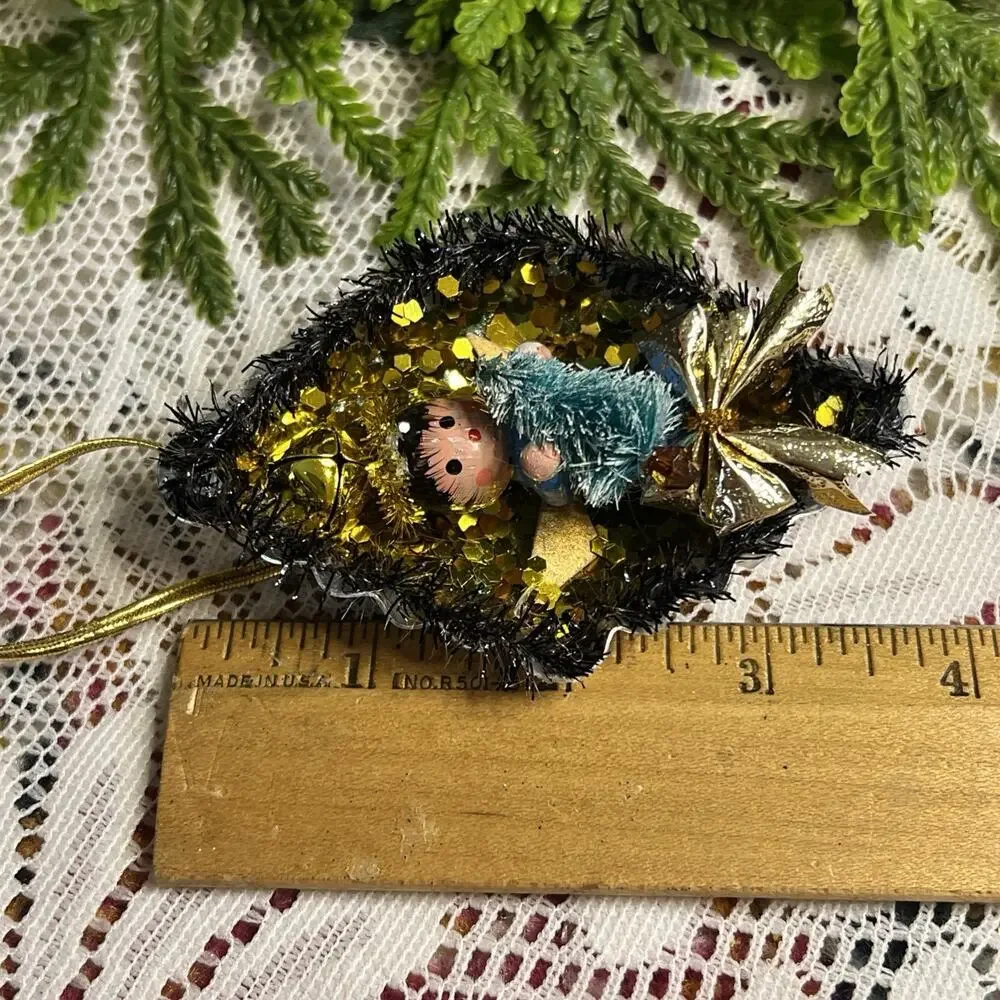 Vintage Diamond Tart Tin Angel & Tree Diorama Mid Century Style Glitter Ornament